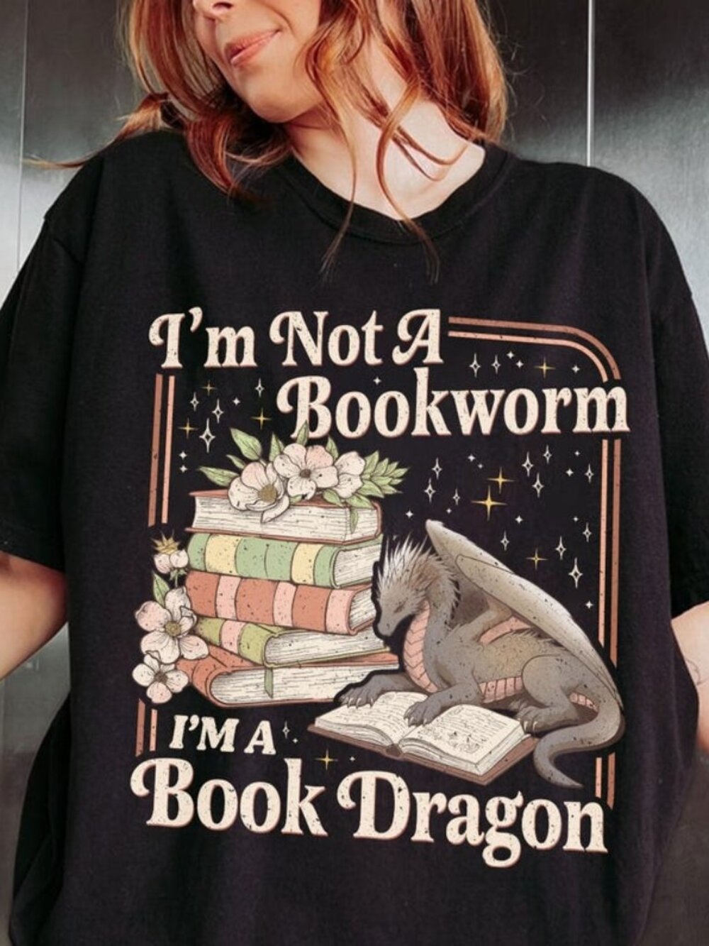 Book Dragon T-shirt, Fantasy Reader Graphic Tee